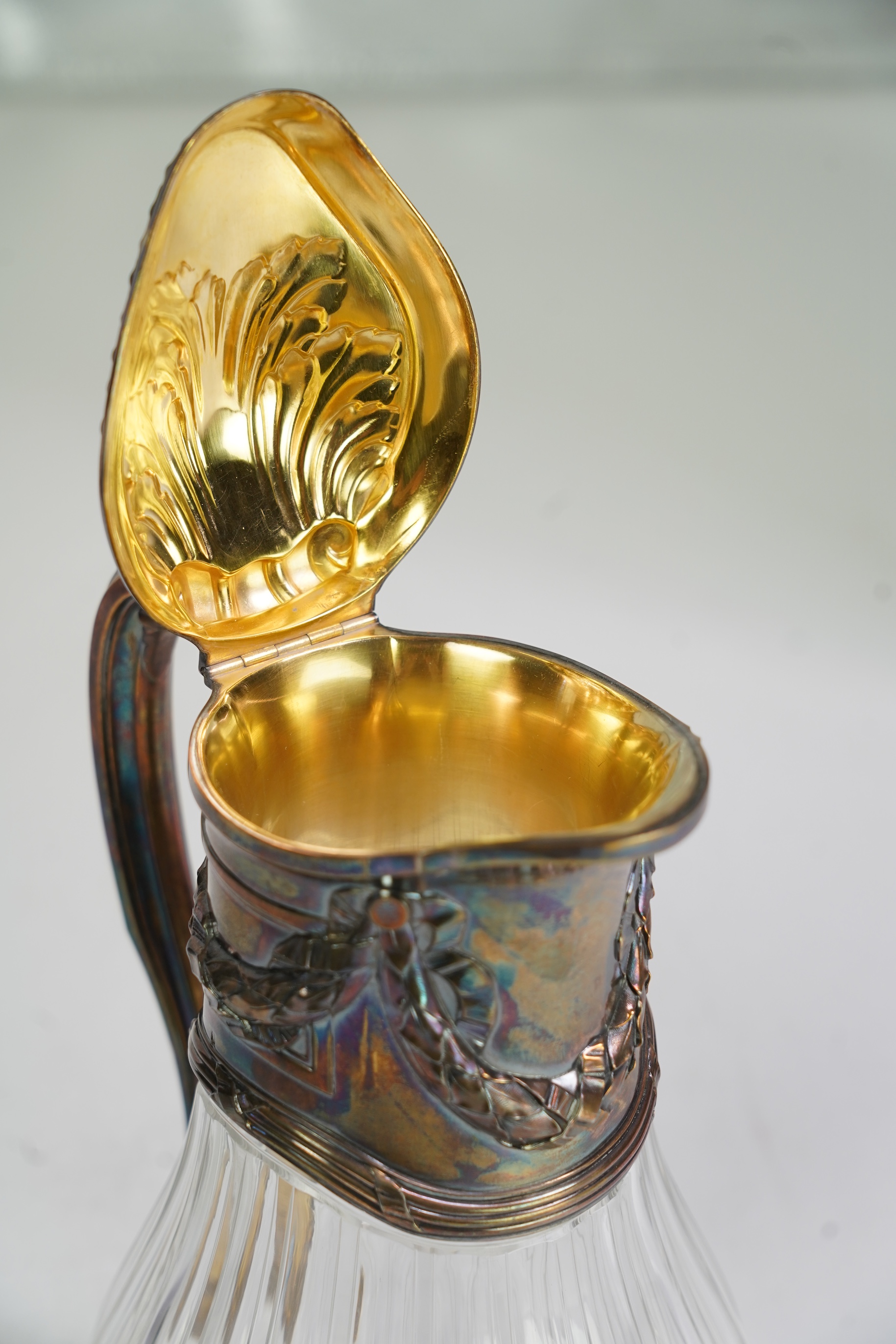 An early 20th century French 950 standard white metal mounted glass claret jug, by Risler & Carre